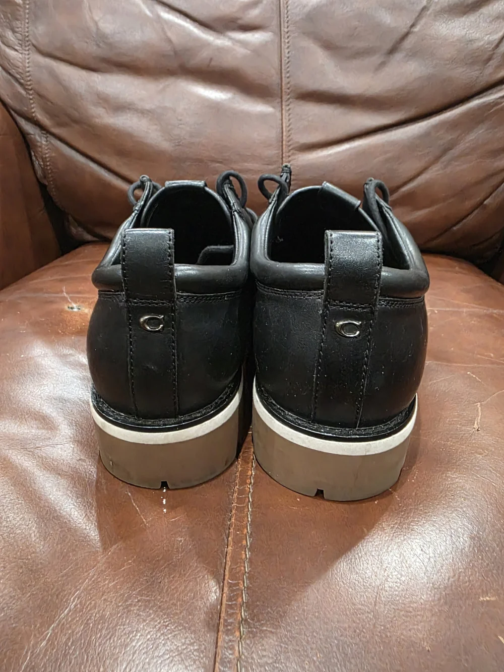 Coach Men's Black Leather Lug-Sole Boots with Cream Contrast Sole